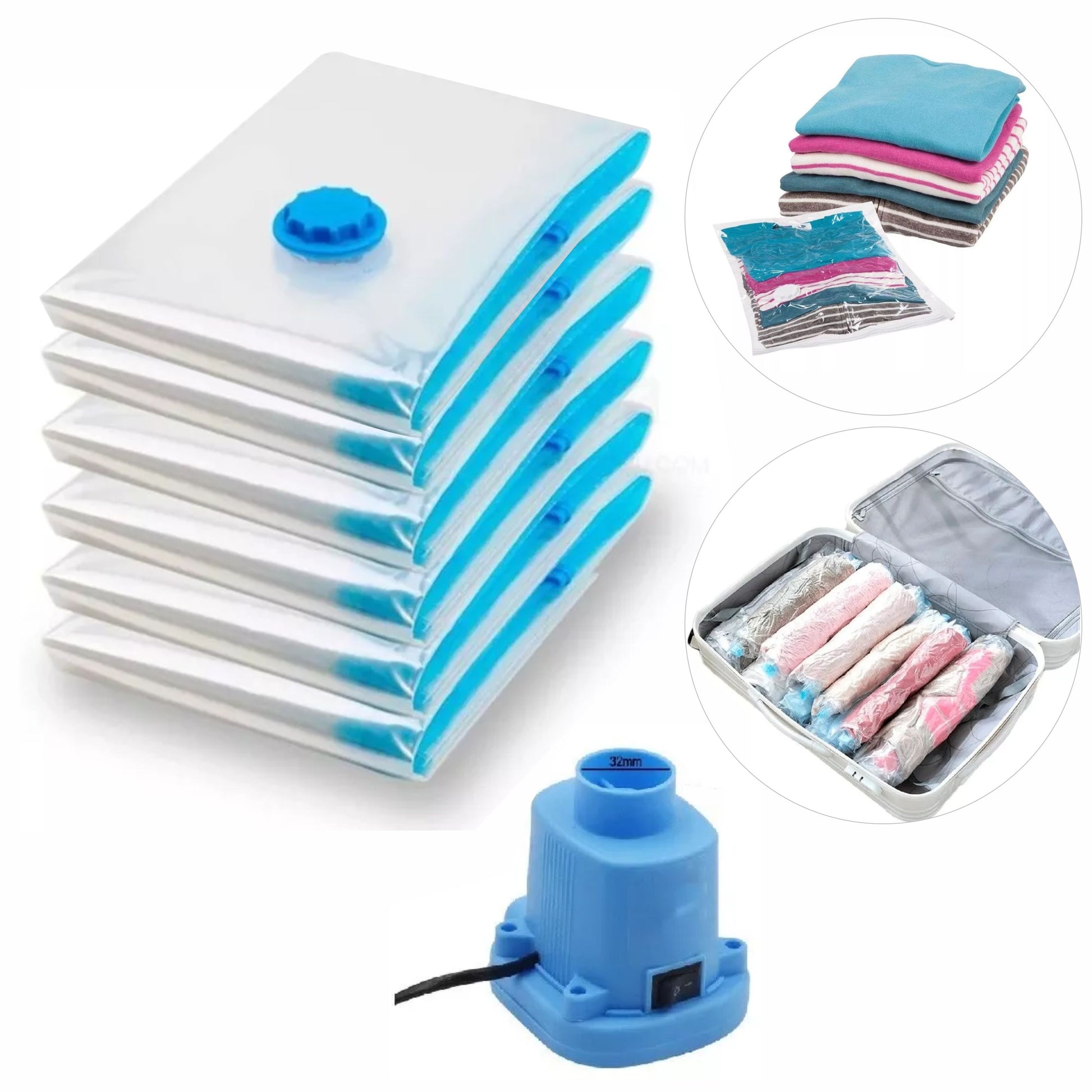 Kit 6 Bolsas Empaque Al Vacío Ahorrador Espacio Vacuum Bag + Bomba Eléctrica