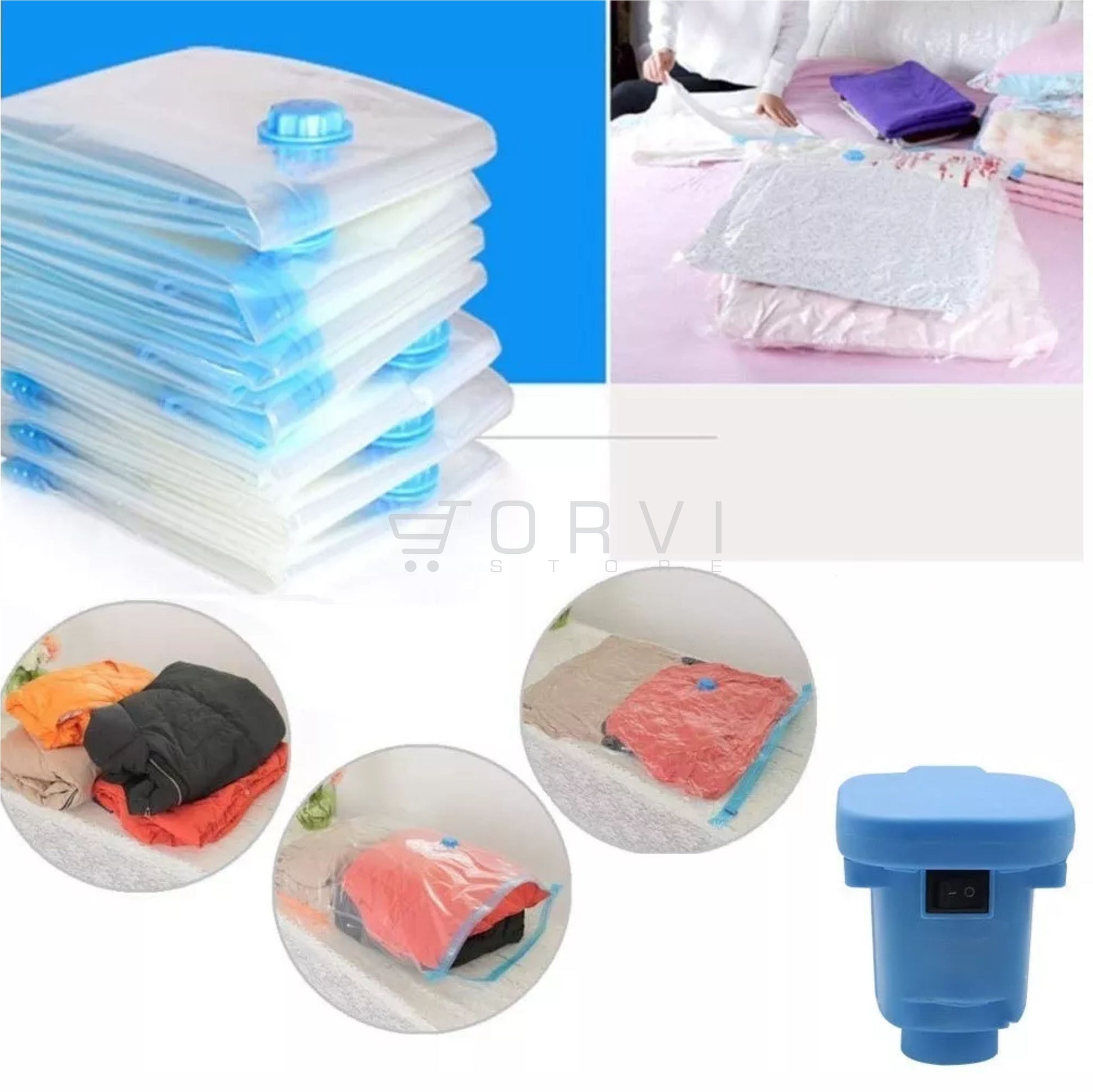 Kit 6 Bolsas Empaque Al Vacío Ahorrador Espacio Vacuum Bag + Bomba Eléctrica