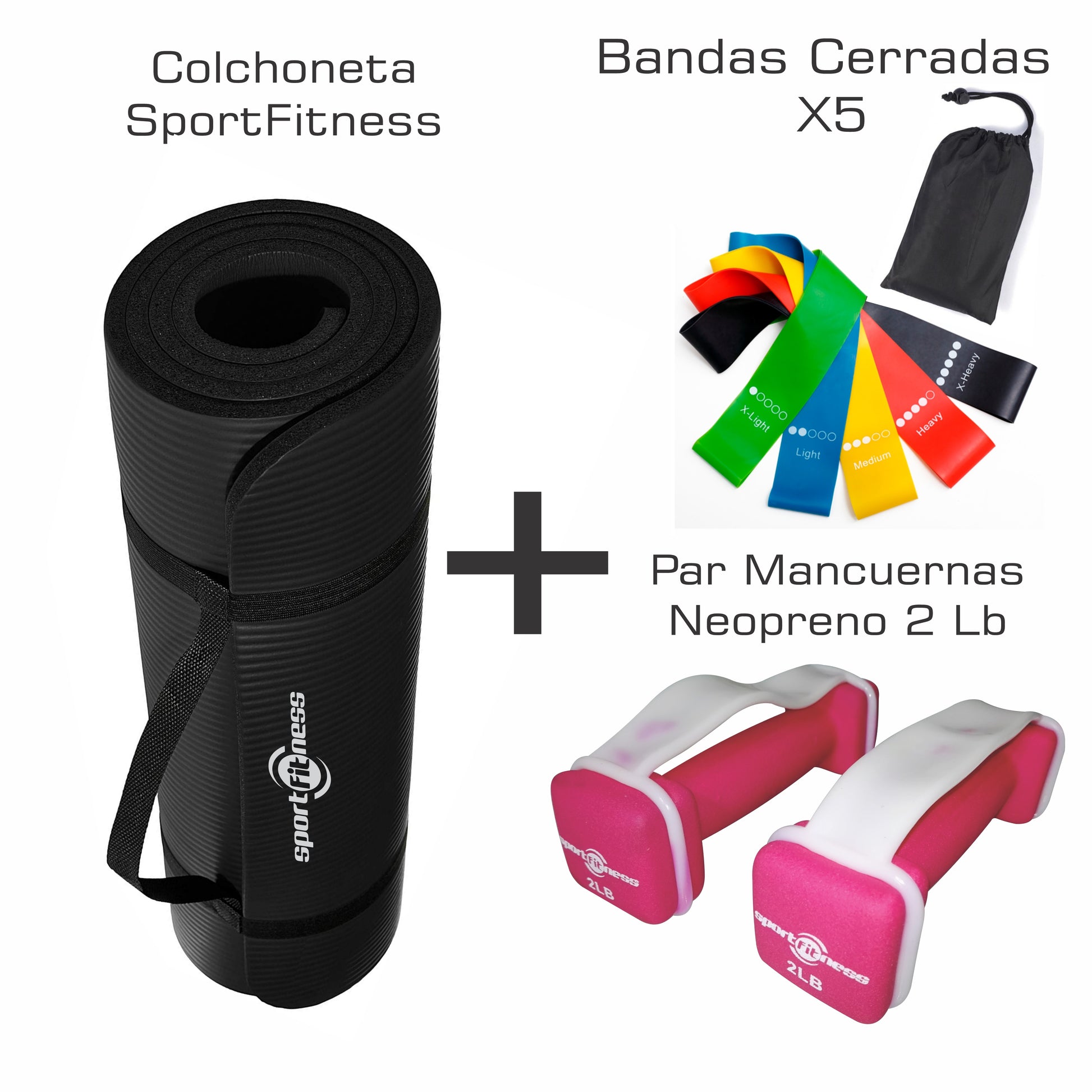 Colchoneta Yoga + Kit X5 Bandas Cerradas + Mancuernas 2 lb