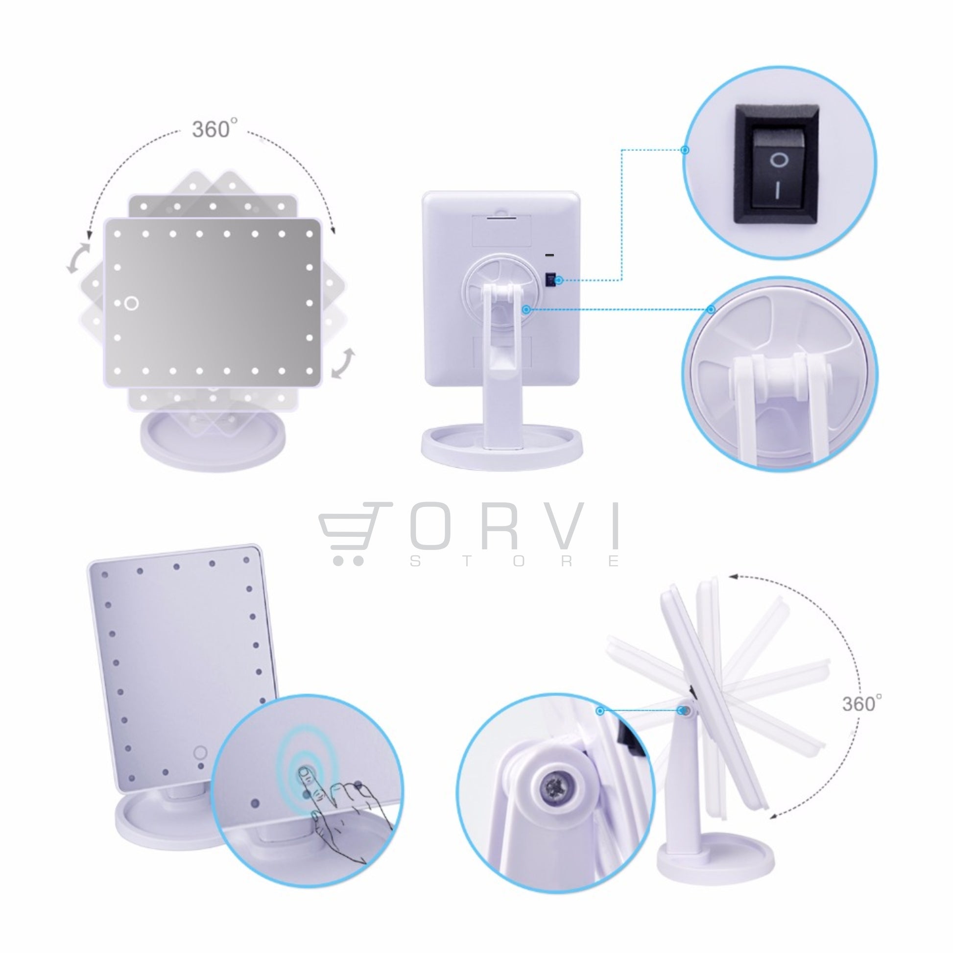 Espejo Luz Led Pantalla Táctil Touch Maquillaje Pilas o Conexión cable USB