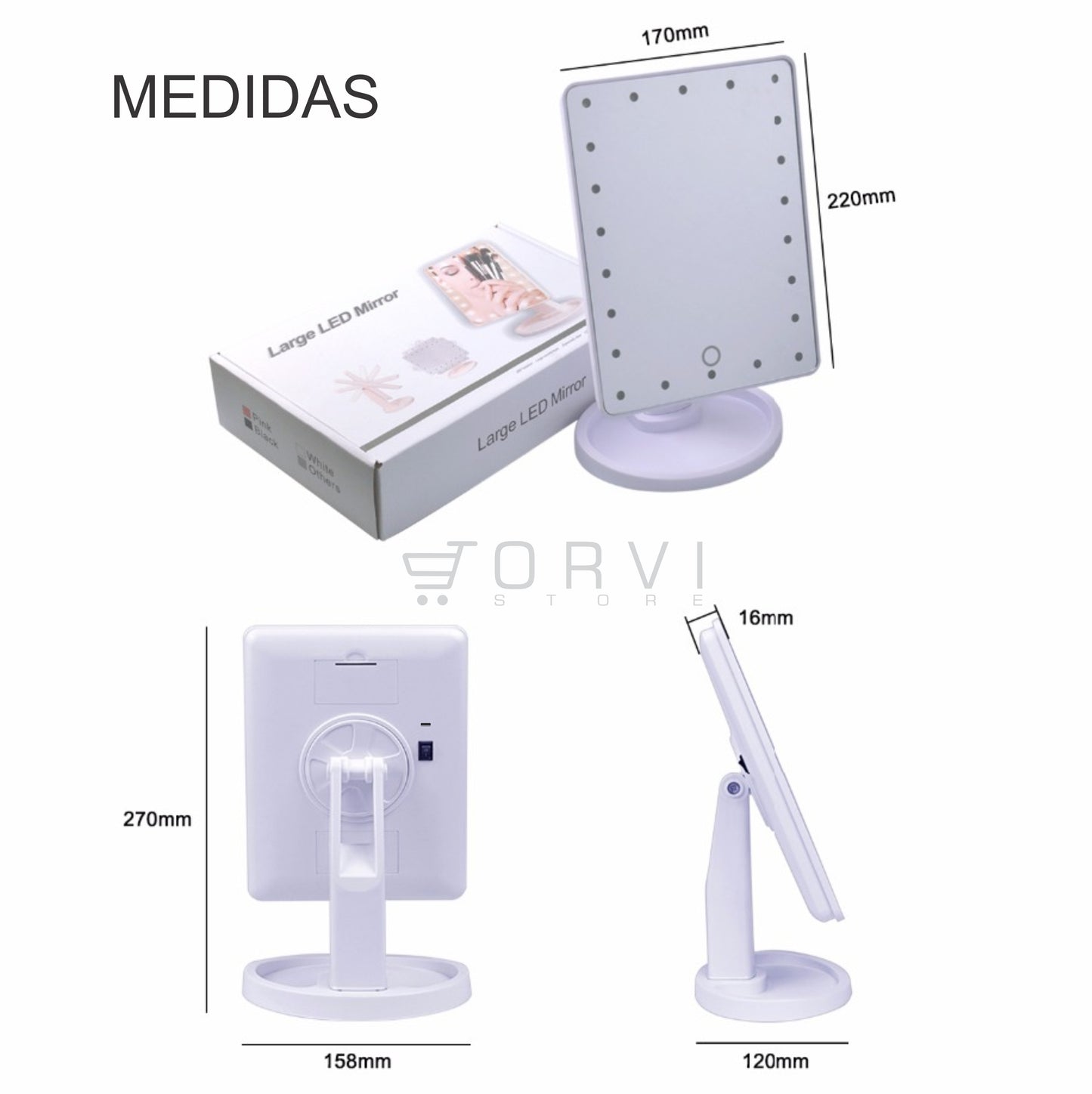 Espejo Luz Led Pantalla Táctil Touch Maquillaje Pilas o Conexión cable USB