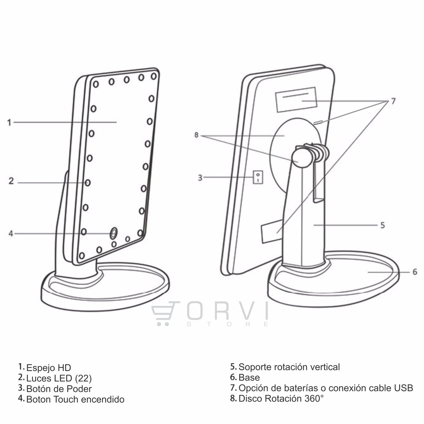 Espejo Luz Led Pantalla Táctil Touch Maquillaje Pilas o Conexión cable USB