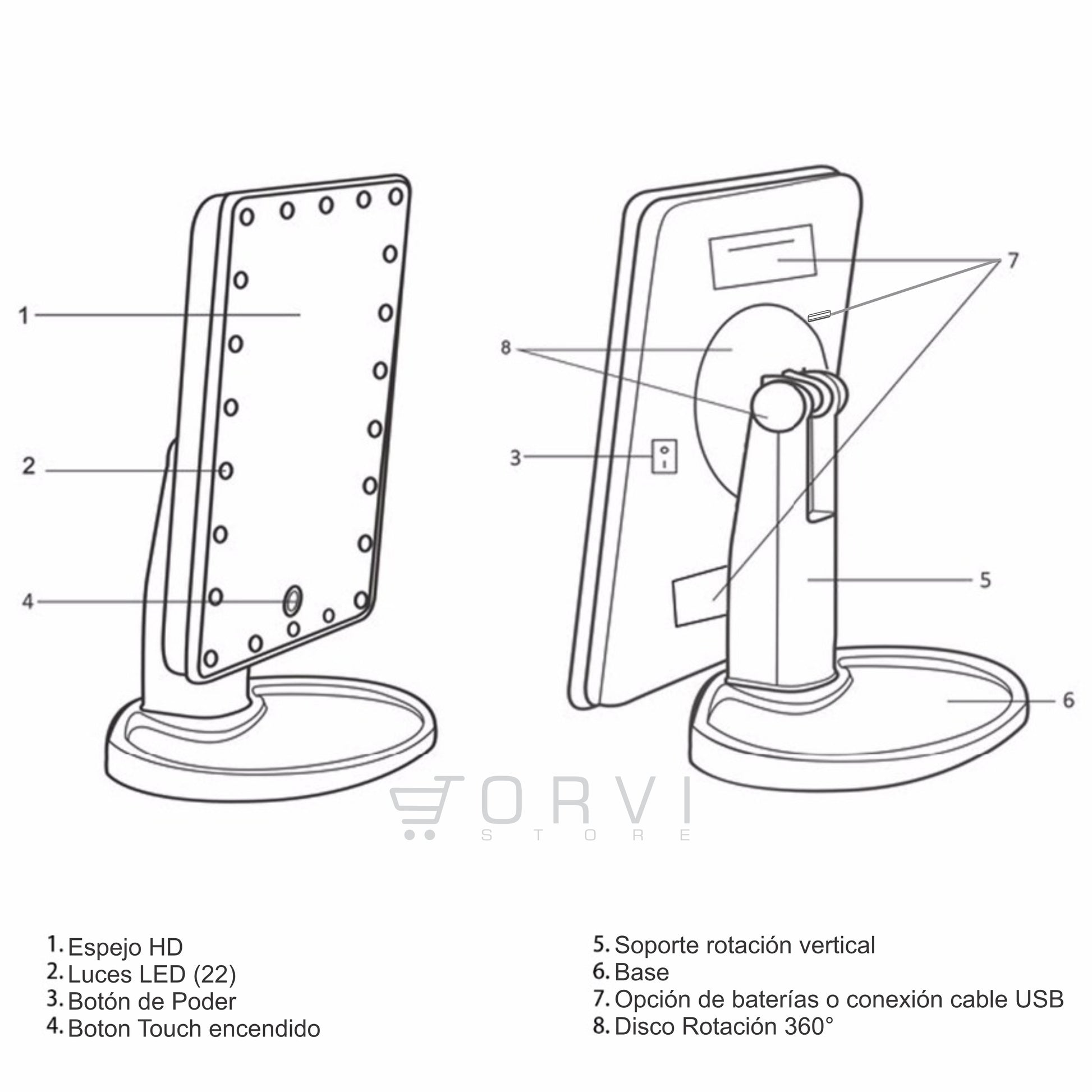 Espejo Luz Led Pantalla Táctil Touch Maquillaje Pilas o Conexión cable USB